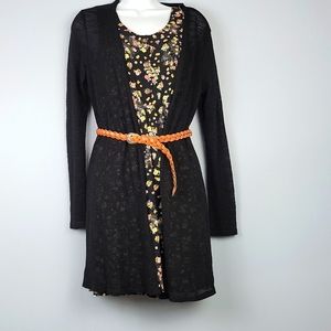 2 PIECE DRESS WITH CARDIGAN SIZE M JUNIOR BLACK FLORAL